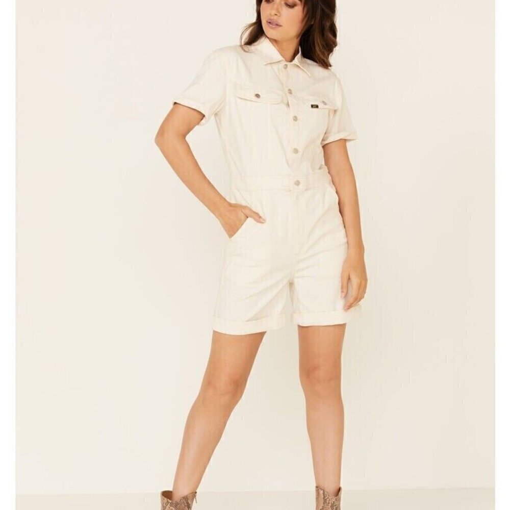 Lee Denim Romper Size M Beige Short Union Alls One Piece Jumpsuit